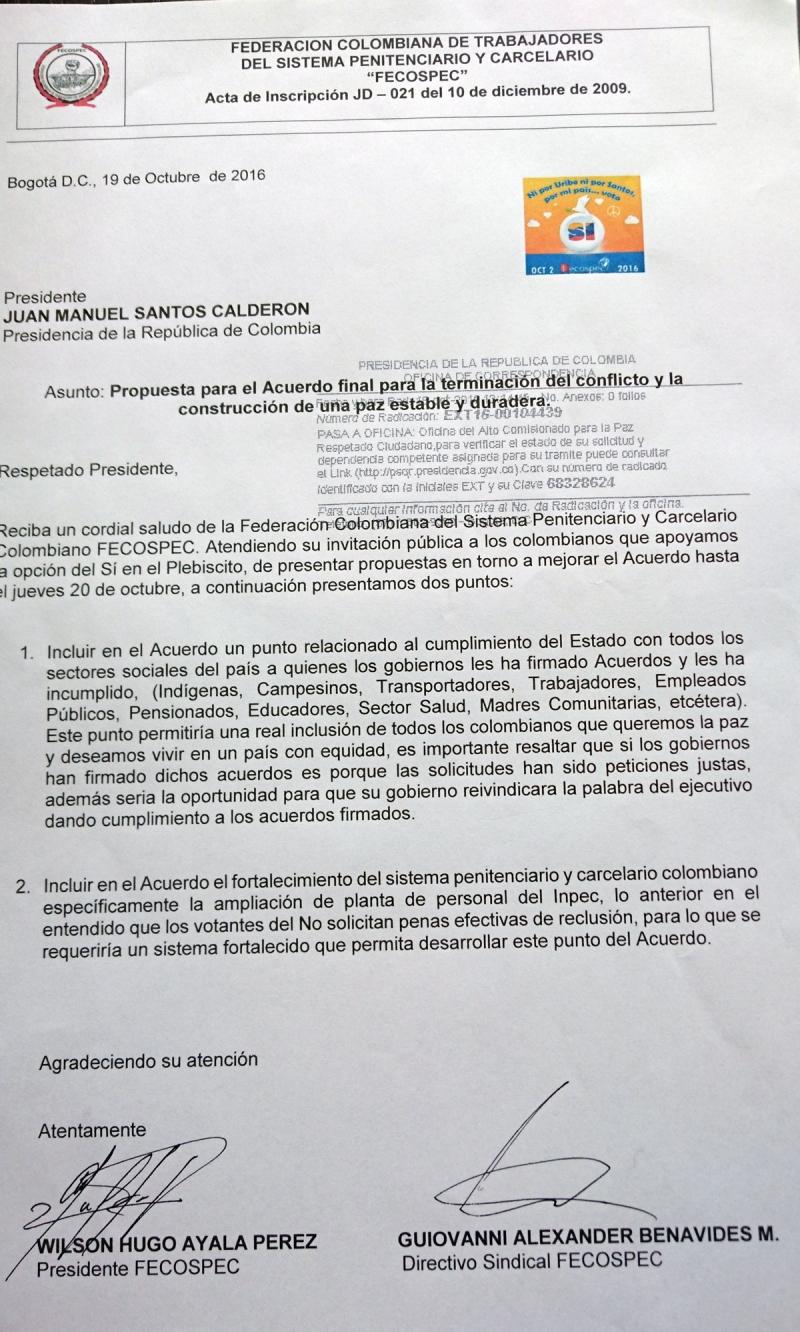 Solicitud directa de inclusión en los Acuerdos de Paz FECOSPEC